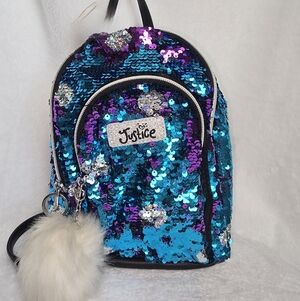 Justice Blue and Purple Sequin Backpack with Pom Pom